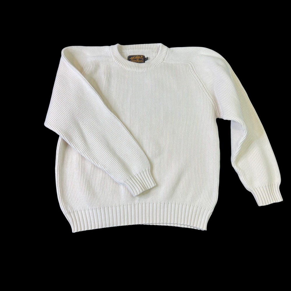 Vintage Eddie Bauer Ribbed Knit Cotton Crewneck Raglan Sweater Mens Large White